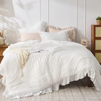 JOLLYVOGUE Queen Comforter Set, 3 Pieces White Seersucker Comforters Queen Size, Lightweight & Fluffy Bedding Sets Queen for All Season with 1 Ruffle Comforter and 2 Ruffle Pillowshams - Image 1