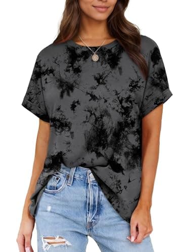 Crew Neck Tee Shirts Women Trendy Tops Oversized T Shirts Crew Neck Summer Tshirts Tie Dye Grey XXL - Image 1