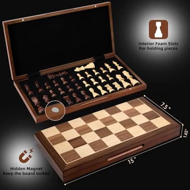 Chess Set Board Games for Adults: Handmade Walnut Wooden 15" 2 Extra Queens Folding Portable Travel Chess Game, Gift idea, Pieces Storage Slots,Instructions - Image 2