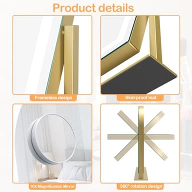 Lighted Makeup Mirror, Hollywood Vanity Mirror with Lights, Three Color Lighting Modes, and Detachable 10X Magnification Mirror, Smart Touch Control, 360°Rotation (15.2in. Gold) - Image 8
