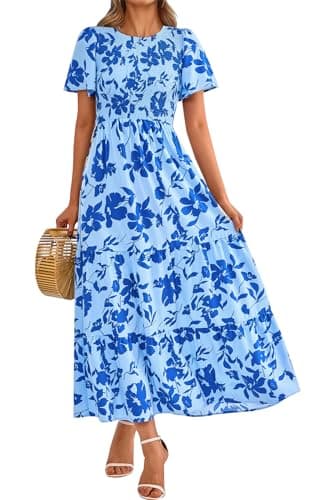 PRETTYGARDEN 2025 Crewneck Smocked Summer Dresses Flutter Sleeve Floral Maxi Dress for Women Boho Tired Long Casual Dresses (Blue Flower, Large) - Image 1