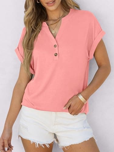 ANRABESS Womens Short Sleeve Henley Tops V Neck Dressy Casual Blouses Summer Trendy Tee Shirts 2025 Vacation Fashion Clothes Coral L - Image 4