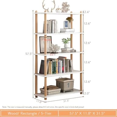 IOTXY 5-Tier Wooden Shelf Bookcase - Modern Open Bookshelf, Free Standing Storage Rack, Multifunctional Display Stand for Home and Office, White, Rectangle - Image 2