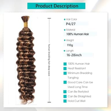 Human Braiding Hair for Boho Braids 4/27 Highlight Ombre Deep Wave Bulk Human Hair 110g 18 Inch Curly Wave Honey Blonde Human Hair Extensions No Weft 2 Bundles/Pack - Image 2
