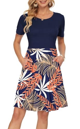 AUSELILY Women's Short Sleeve Summer Dress Pleated Loose Swing Knee Length Dresses with Pockets 2025 New Blue Orange Leaf/Navy 2XL - Image 1