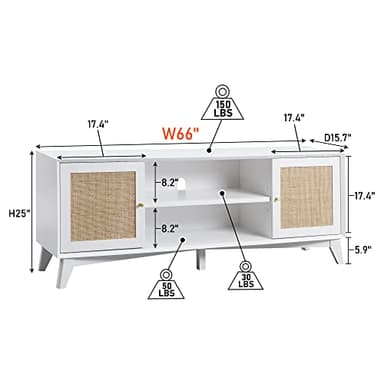 OKD TV Stand for 75+ Inch TV, Mid Century Modern Entertainment Center with Natural Rattan Door, Storage Shelves, Long Boho Media TV Console, Long Television Stand for Living Room, White - Image 2