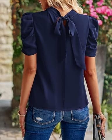 BTFBM Womens Tops Dressy Casual Mock Neck Puff Short Sleeve Shirts Back Tie Business Work Blouses Summer Fall 2025(Solid Navy, Large) - Image 4