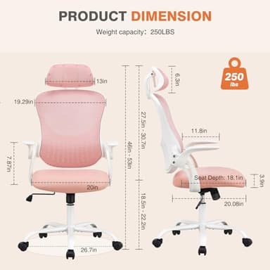 Sweetcrispy Office Computer Desk Chair, Ergonomic High-Back Mesh Rolling Work Chairs with Wheels and Adjustable Headrests, Comfortable Lumbar Support, Comfy Flip-up Arms for Home,Bedroom,Study, Pink - Image 2