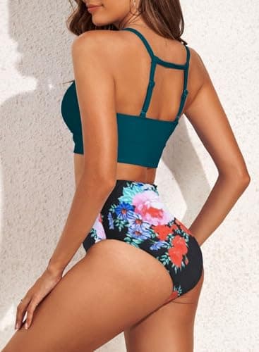 Herseas Women's Bikini Sets High Neck Floral Print High Waisted Longline Two Pieces Swimsuits Seamless Sporty Teens Resort Wear Green Bathing Suits X-Large - Image 3