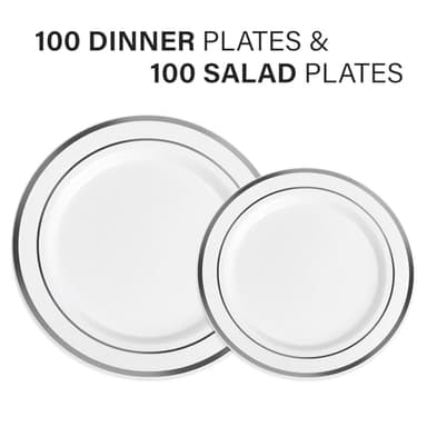 AOZITA 200Pcs Silver Plastic Plates, Disposable Plastic Party Plates for Party, Wedding and Birthday - Image 2