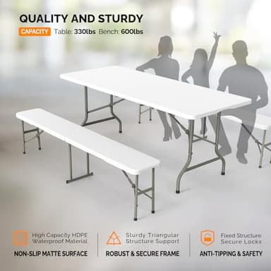 VINGLI Picnic Table Set with 2 Benches, 6 Feet Camping Table Chair Set,3-Piece Folding Furniture for Indoor or Outdoor Use, Smooth Tabletop, White - Image 3