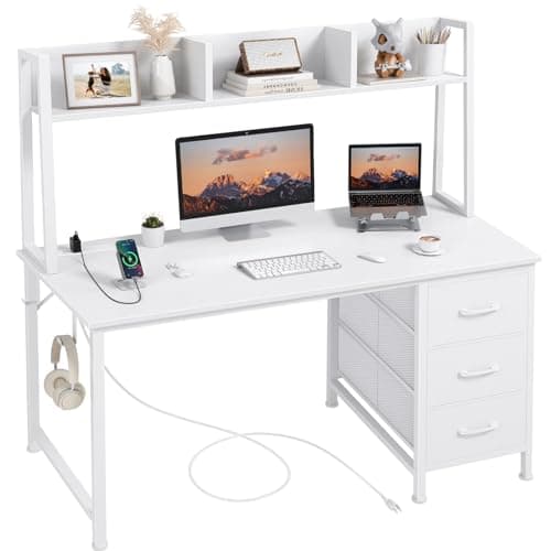 White Computer Desk with Hutch & Drawers - Office Desk with 3 Storage Drawers and Power Outlets, 47 Inch Modern Study Writing Desk for Bedroom Home Office - Image 1