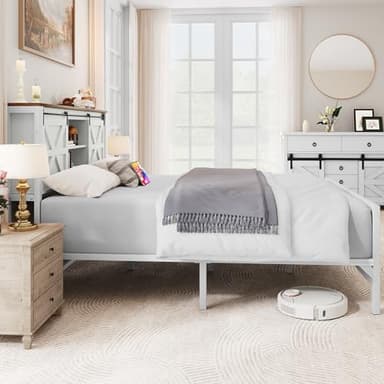 YITAHOME Farmhouse Queen Size Bed Frame with Headboard, Bookcase Shelves, Sliding Barn Door, Charging Station, Rustic Wood Platform Bed, No Box Spring Needed, White - Image 7