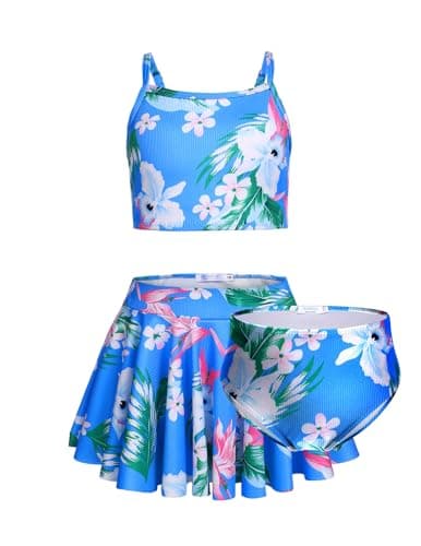 Arshiner Girls' 3Pcs Swimsuits Big Girl 3Pcs Swimsuits Beach Surf Bikini Bathing Suit Tankini Floral Swimwear Size 12 13 Blue Swimsuits for Girls 12-14 - Image 1