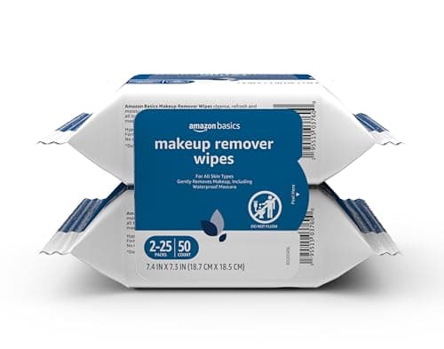 Amazon Basics Makeup Remover Wipes, Gentle Cleansing, Dermatologist Tested, Original, Plant Based, Alcohol-Free, Removes Waterproof Mascara, 25 Count Per Pack, Pack of 2 - Image 1