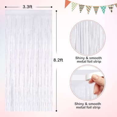 White Metallic Tinsel Foil Fringe Curtains, 2 Pack 3.3x8.3 Feet Streamer Backdrop Curtains for Birthday Party Decorations, Halloween Decor, Foil Curtain Backdrop for Bachelorette Party - Image 3