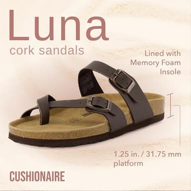 CUSHIONAIRE Luna Crossover Toe Strap Womens Sandals – Cork Footbed Slides with Adjustable Straps, Summer Sandals for Women 2025, BROWN 9 - Image 2