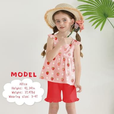 YUEMION Toddler Gir Clothes, 2Pcs Baby Gir Summer Outfits Ruffle Sleeveless Shirts Flora Tops + Shorts Clothing Set(Strawberry + Red, 4-5T) - Image 2