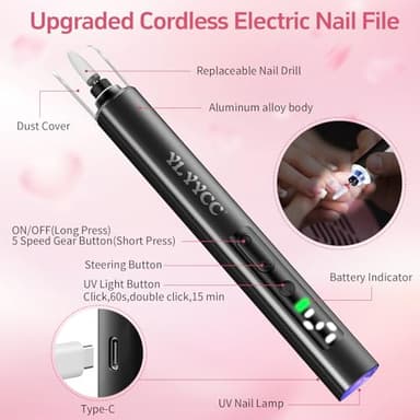 YLYYCC Cordless Nail Drill Electric File with UV Nail Lamp:Professional for Acrylic Gel Dip Powder Nails Portable Nail Drill Machine Kit for Manicure Pedicure Nail Set Rechargeable Lightweight - Image 7