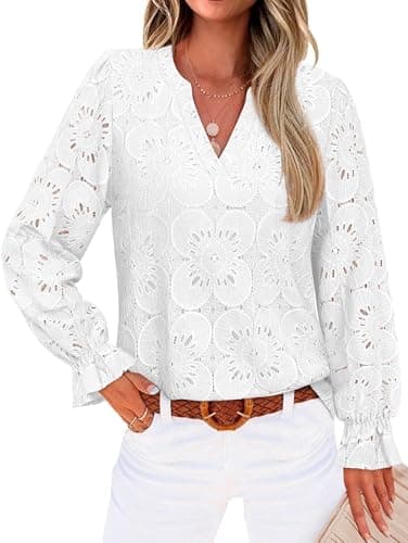 RUMIA Long Sleeve Shirts for Women Fall Fashion Clothing 2025 Eyelet Lace Tops Dressy Casual Blouses V Neck Embroidered Blouse Lining White Shirts M - Image 1