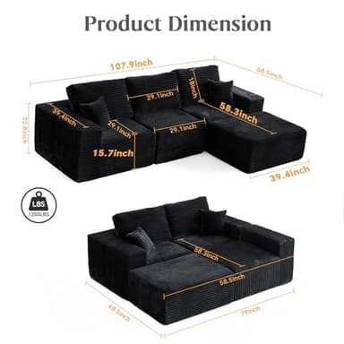 MODNEST 108" Modular Sectional Sofa Cloud Couch with Deep Seats, L Shape Foam Couch with Chaise and Movable Ottoman, Sectional Couches for Living Room, Comfy Boneless Sofa No Assembly, Black - Image 9
