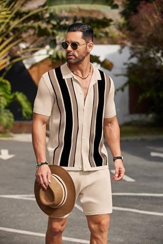 COOFANDY Men's 2 Piece Outfit Vintage Short Sleeve Knit Shirts Sets Striped Polo Shirt Casual Beach Shorts Suit - Image 2
