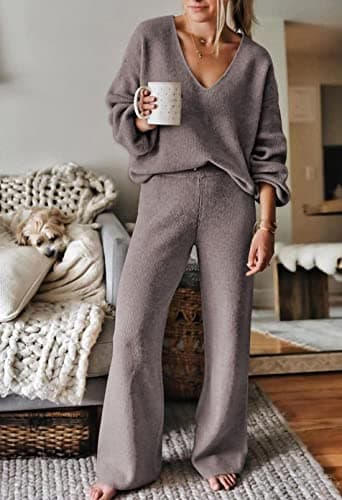 Viottiset Women's 2 Piece Outfits Sweater Lounge Set V Neck Knit Top Wide Leg Pants Sweatsuit Purple Grey L - Image 2