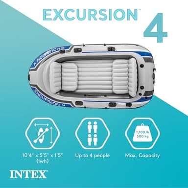 INTEX 68324EP Excursion 4 Inflatable Boat Set: Includes Deluxe 54in Boat Oars and High-Output Pump – Adjustable Seats with Backrest – Fishing Rod Holders – 4-Person – 1100lb Weight Capacity - Image 2