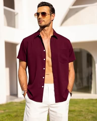 Alimens & Gentle Mens Linen Shirts Short Sleeve Button Down Shirts Wrinkle Free Casual Vacation Beach Summer Tops,Burgundy,L - Image 2
