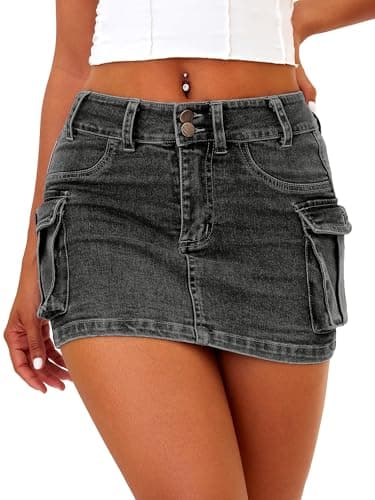 ELLEVEN Mini Cargo Skirts for Women High Stretchy, Low Waist Y2k Skirt Button Cute Denim Bodycon Jean Skirt with Pocket Black Denim X-Small - Image 1