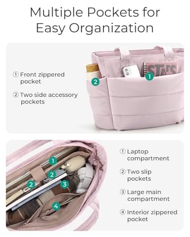 BAGSMART Tote Bag for Women, Lightweight Puffy Tote Bag with Compartments Shoulder Bag Handbag Quilted Shoulder Bag Handbag for Travel, Work, Beach, Gym, Shop (Pink) - Image 3