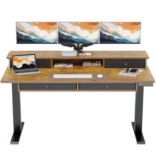 ErGear Electric Standing Desk with 4 Drawers, 63" x 30" Height Adjustable Desk with Storage, C-Clamp Mount Compatible, Computer Home Office Table with Cable Management Tray, Vintage Brown - Image 1
