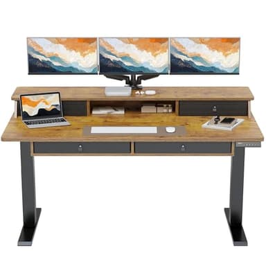 ErGear Electric Standing Desk with 4 Drawers, 63" x 30" Height Adjustable Desk with Storage, C-Clamp Mount Compatible, Computer Home Office Table with Cable Management Tray, Vintage Brown - Image 1