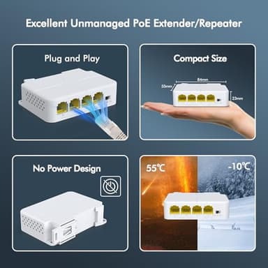 YuanLey 4 Port PoE Extender Gigabit with 3 PoE Out, IEEE 802.3af/at Mini 4 Channel Repeater 1000Mbps, VLAN, Wall and Din Rail Mount Passthrough POE Amplifier/Booster, Plug and Play - Image 6