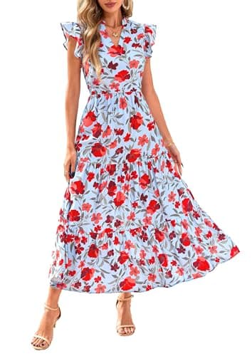 PRETTYGARDEN Women's 2025 Summer Floral Midi Dress Cap Sleeve V Neck Ruffle Long Flowy Boho Casual Beach Vacation Dresses (Floral Blue Red,Large) - Image 1