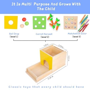 Adena Montessori 5 in 1 Wooden Montessori Play Kit Baby Toys,Object Permanence Box,Matchstick Color Drop,Cotton Swab Drop Game,Carrot Harvest and Coin Box for Kid 1 Year Old,Gift for Baby 6-12 Month - Image 2