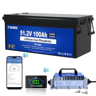 DC HOUSE 48V 100Ah Lithium Golf Cart Battery, Lifepo4 Battery with 48V 18A Lithium Batteries Charger, Built-in Smart 200A BMS, LCD Monitor & Mobile APP, Peak Current 700A (ABS Case) - Image 1