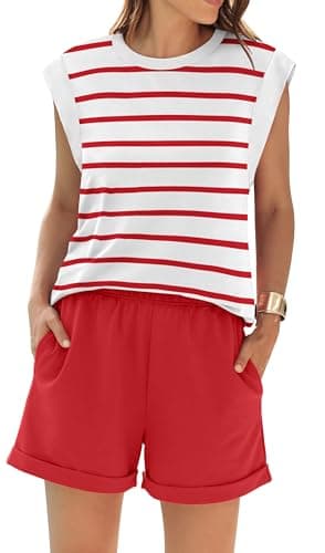 RUBZOOF Lounge Sets for Women Summer Casual Loungewear Two Piece Outfits Short Sets Striped Cap Sleeve Top Shorts Red Stripe XL - Image 4