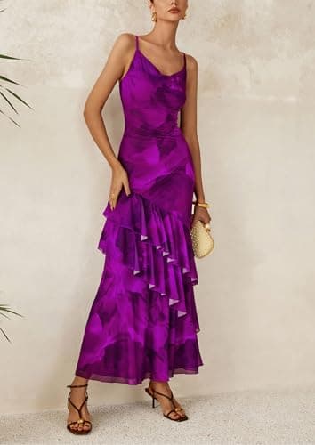 PRETTYGARDEN Maxi Dresses for Women 2025 Summer Tiered Floral Beach Sundress Spaghetti Strap Wedding Guest Long Dress (Print Purple,X-Small) - Image 8