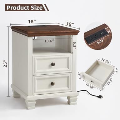 SAVOR LIFE Farmhouse Nightstand Set of 2 with Charging Station, Rustic White Nightstand,2 Drawers End Table for Living Room,Bedside Table with Open Shelf for Bed Room,White - Image 3