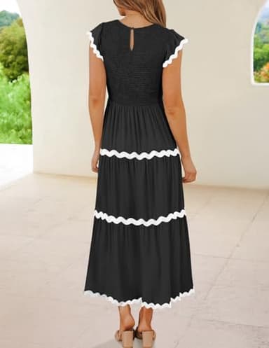 ZESICA Women's Summer Flutter Short Sleeve Smocked Midi Dress Casual High Waist Rickrack Tiered Flowy Dresses,Black,Medium - Image 3