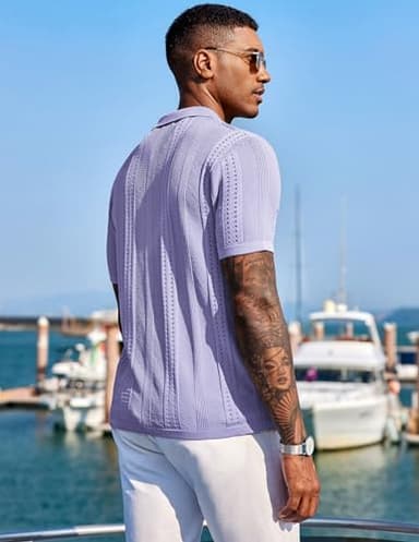 COOFANDY Men's Knit Button Down Shirts Vintage Short Sleeve Polo Shirt Fashion Casual Summer Beach Shirts Lilac - Image 3