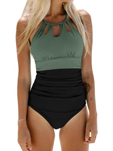 CUPSHE Women Swimsuit One Piece Tummy Control Ruched Lace Up Cutout Color Block Bathing Suit, XS - Image 1