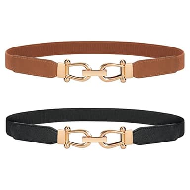JASGOOD 2 Pack Women Stretchy Waist Belt Retro Elastic Skinny Belt for Ladies with Gold Buckle - Image 1