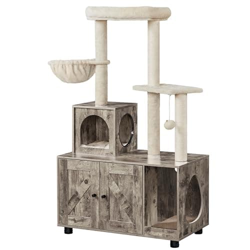Yaheetech Litter Box Enclosure with Cat Tree, All-in-one Indoor Kitten House w/Scratching Posts, Wooden Cat Litter Box Furniture w/Kitty Condo, Platform, Greige/Beige - Image 1