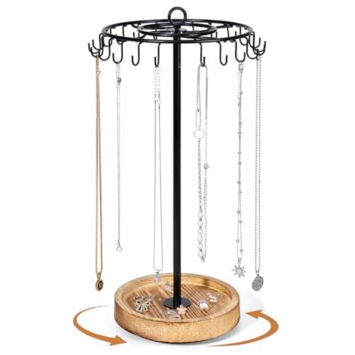 Rotating Necklace Holder, Necklace Organizer Tree Stand with 24 Hooks, Jewelry Necklace Display Stand, Wooden & Metal, Tall Spinning for Vendors Retail, Craft Show, Gift for Women, Vintage Black