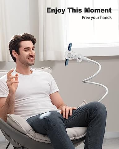 SAIJI Gooseneck Cell Phone Holder, Clamp Universal Lazy Mount Clip Hands Free Flexible Long Arm Bracket Grip for 4-7 Phones Mobile Stand Baby Monitor for Desk, Bed, Office, Kitchen (White) - Image 4
