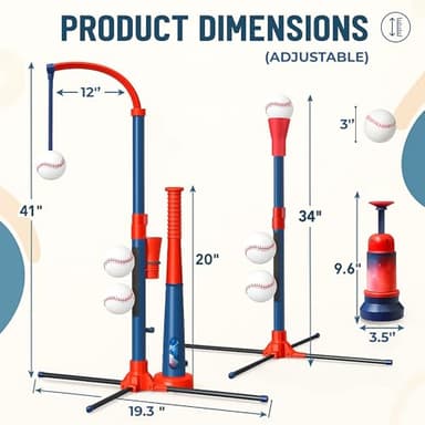 3-in-1 Baseball Set for Kids and Toddlers Ages 3-5 – Includes Tee Ball Stand, Hanging Tee, Automatic Ball Launcher, and 6 Softballs – Adjustable Height for Indoor/Outdoor Play – Sports Gift for Boys - Image 3