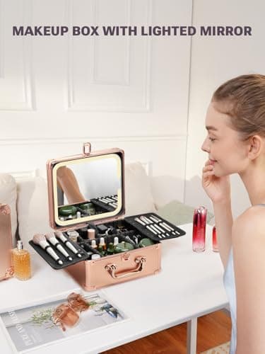 Qislee Makeup Box with A Detachable Lighted Mirror, Waterproof Travel Train Case, Cosmetic Organizer and Makeup Suitcase with Adjustable Dividers, Magnetic LED Mirror(Rose Gold) - Image 6