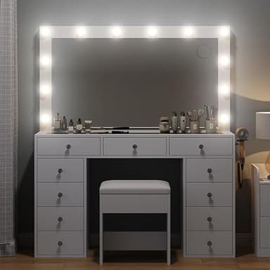 White Vanity Desk with Illuminated Mirror & Power Outlet, 11 Drawers Vanity Table with Chair, Makeup Vanity with 12 LED Lights, Tempered Glass Top, Dressing Table for Bedroom,Dressing Room - Image 5